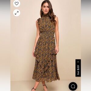 Lulu’s Evalina Mustard Yellow Floral Print Mock Neck Midi Dress